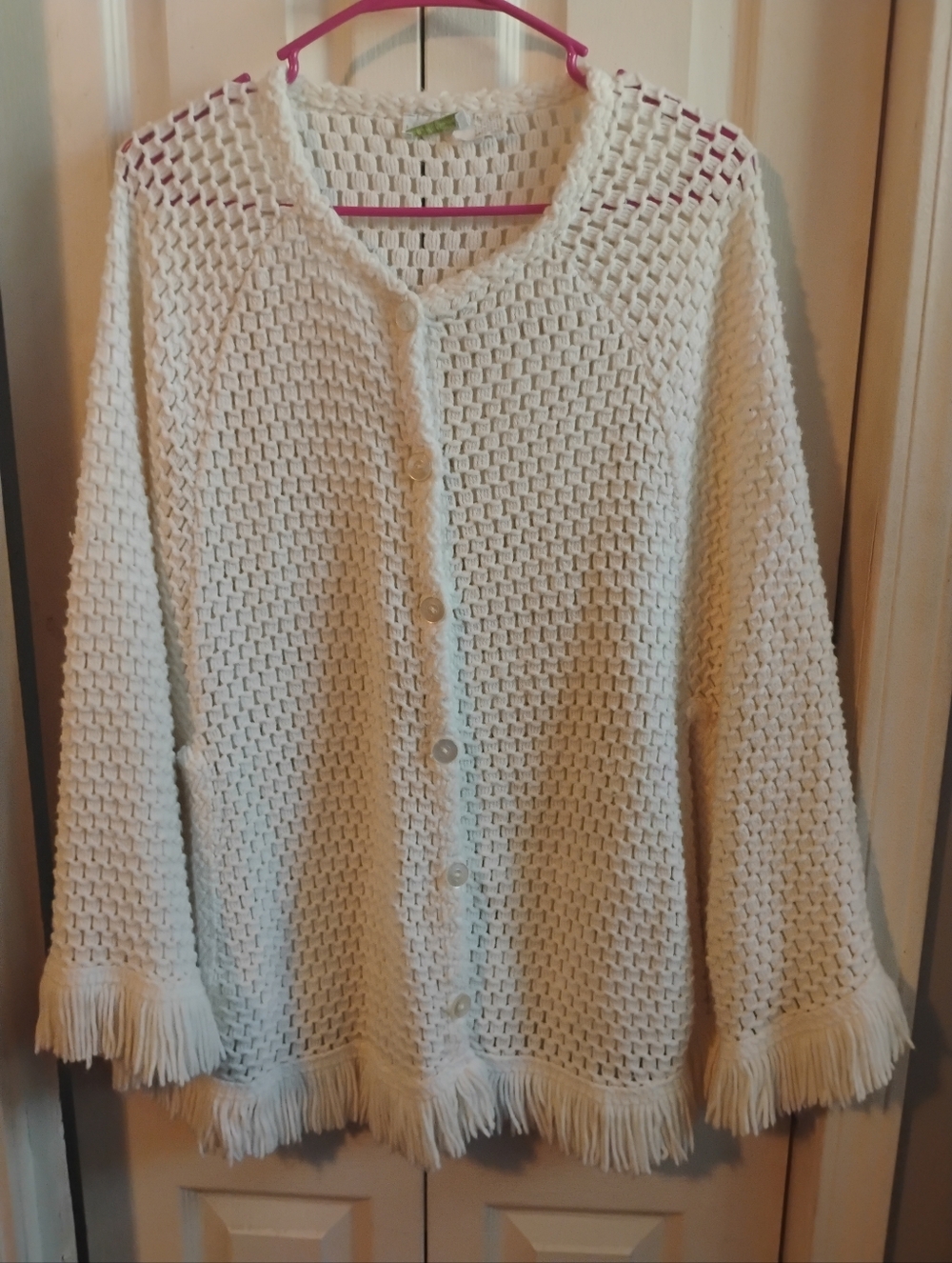 Lane Bryant Cream Open-Weave Fringe Button Cardigan - Picture 1 of 9